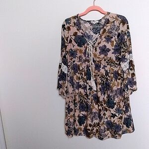 Entro Tan Green and Blue Floral Bell Sleeve Lace Up Mini Dress Size Medium